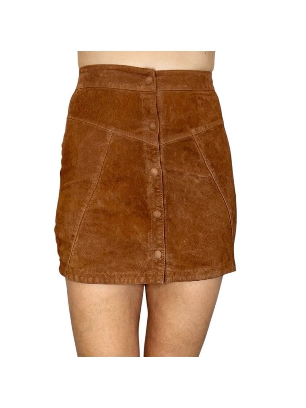 Simons TWIK chestnut brown suede pig leather snap front a line mini skirt XS